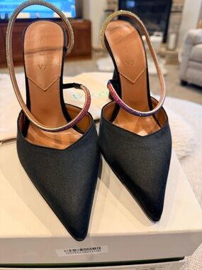 D’Accori Saturn Sling Black Pointed Toe Slingback Heels with Rainbow Strap